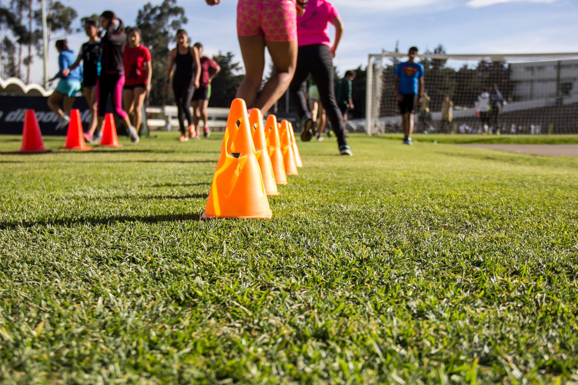 Orange cones lined up on grass as runners train in the background.